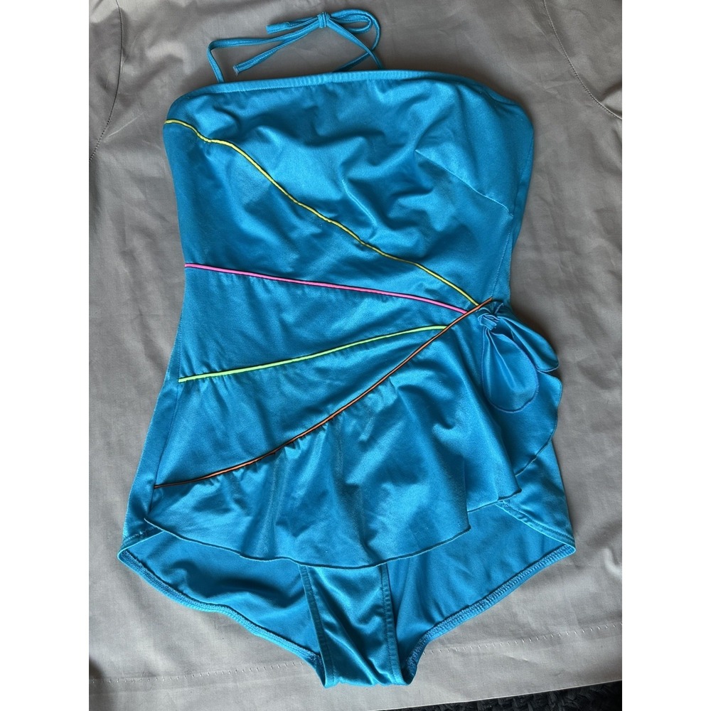 1980s Vintage Retro Turquoise Blue One Piece Halter Bathing Suit Swimsuit NEW